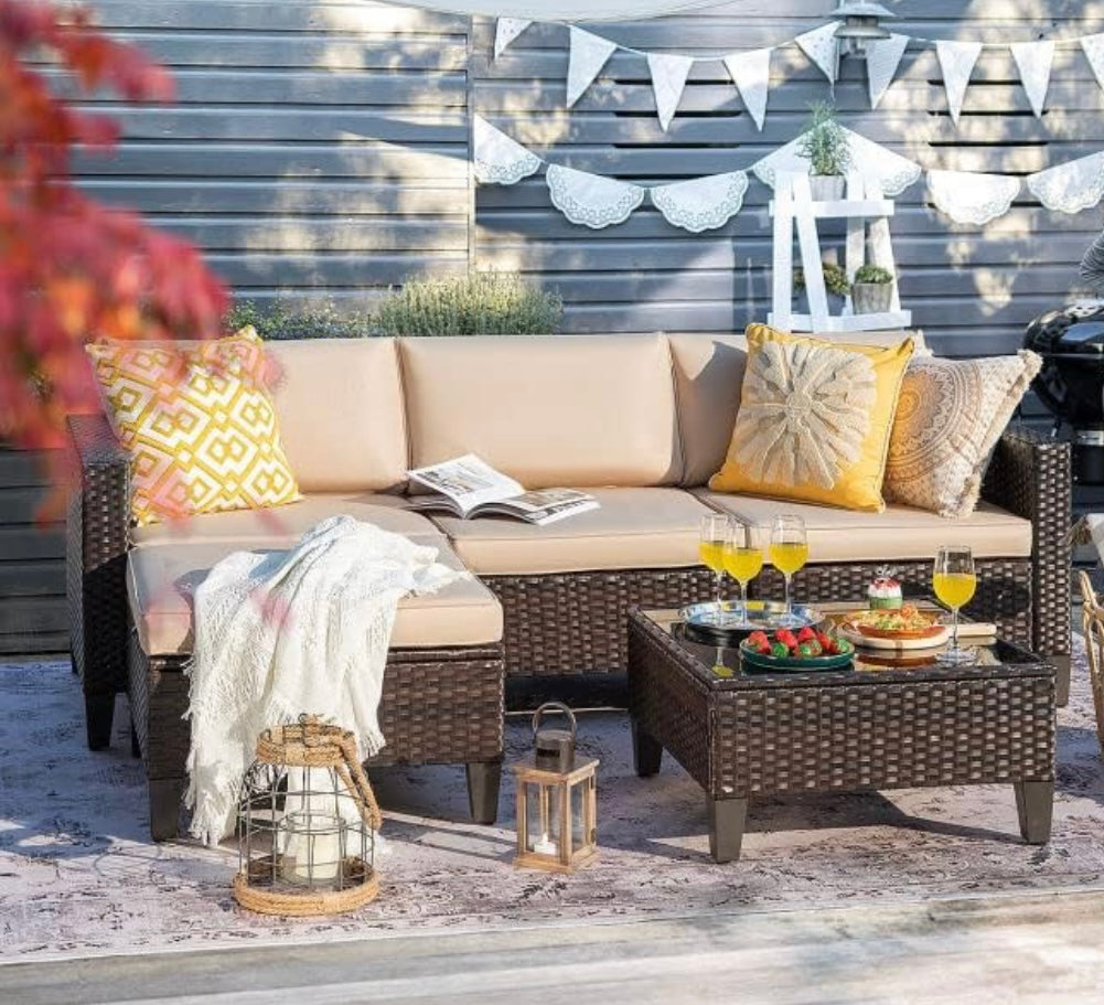 5 PCS Brown/Beige Patio Sectional Sofa With Coffee Table
