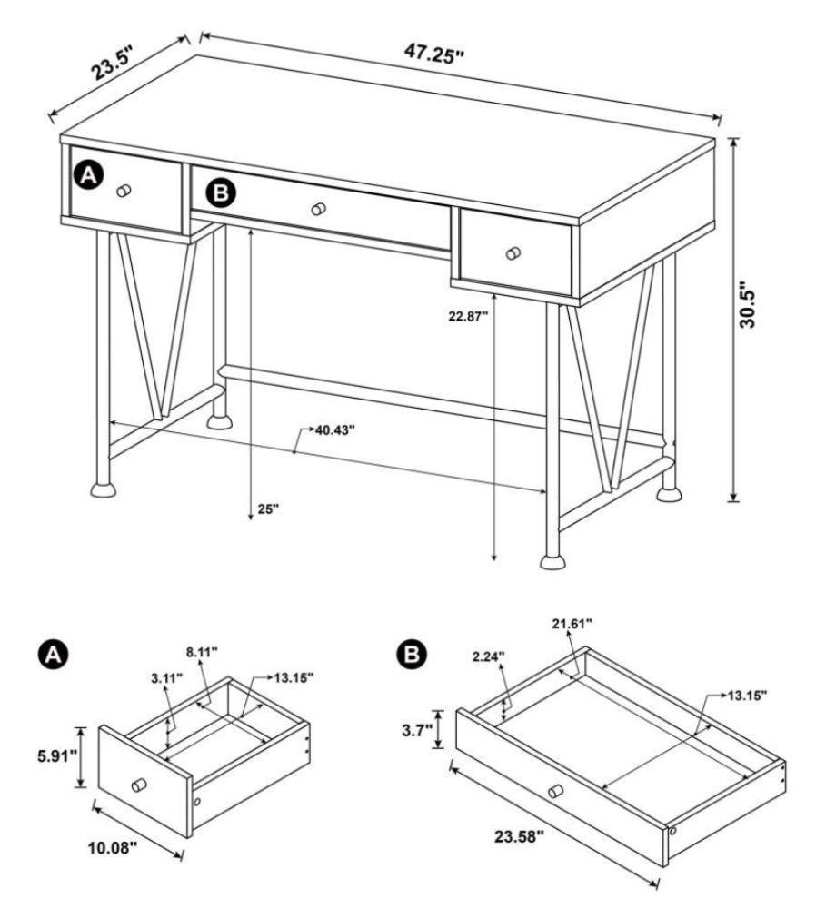 Analiese 3-drawer Writing Desk Grey Driftwood and Black 801549