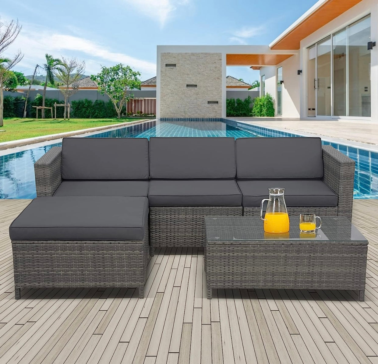 5 PCS Gray/Gray Patio Sectional Sofa With Coffee Table