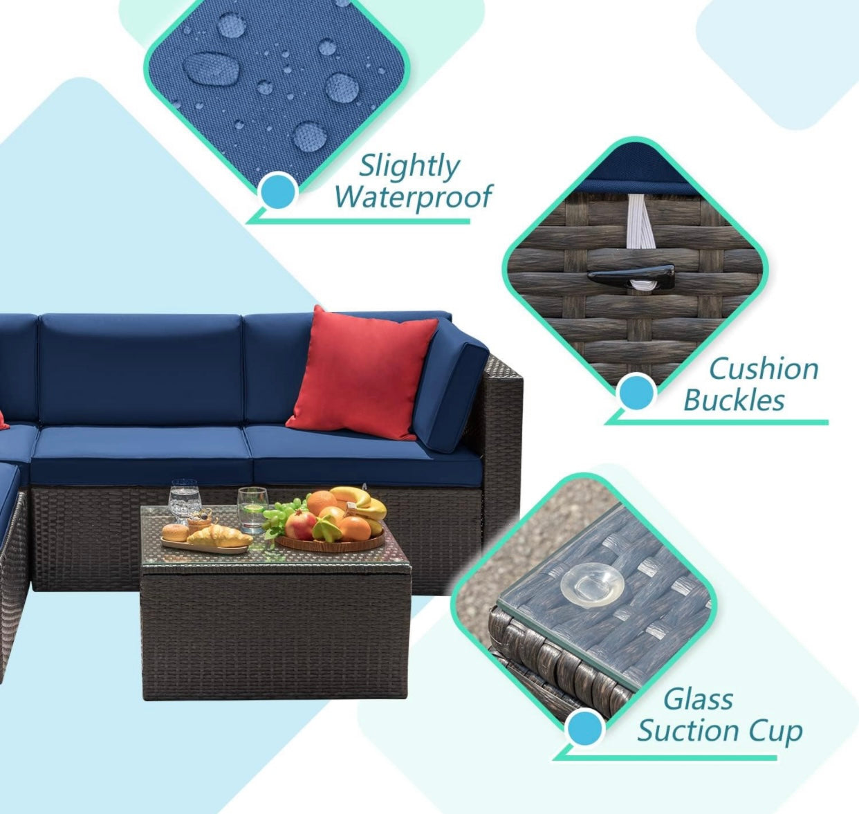 5 PCS Brown/Blue Patio Sectional Sofa With Coffee Table