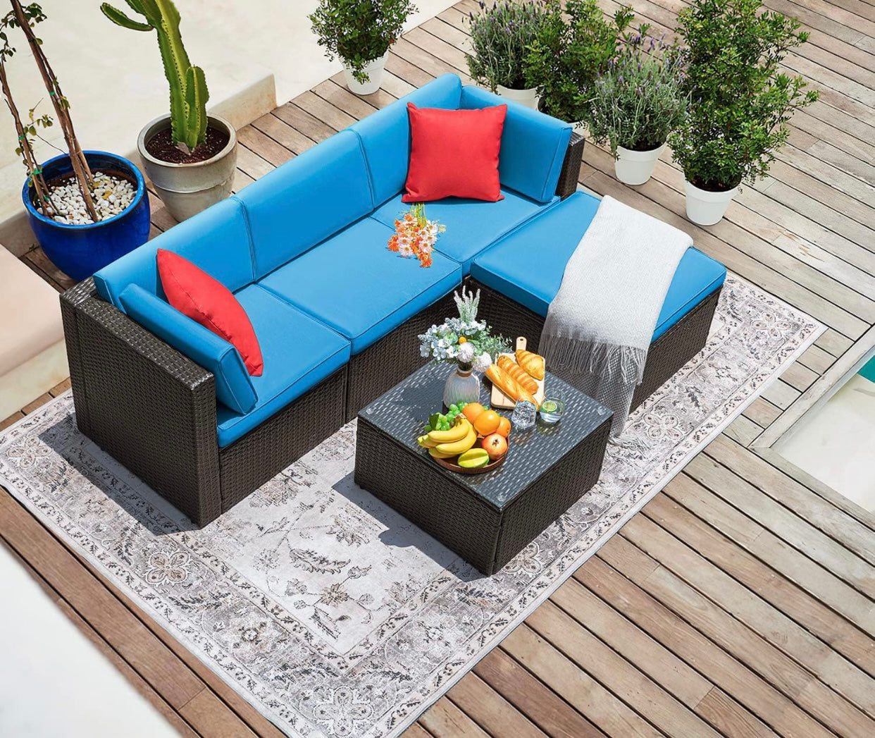5 PCS Brown/Blue Patio Sectional Sofa With Coffee Table