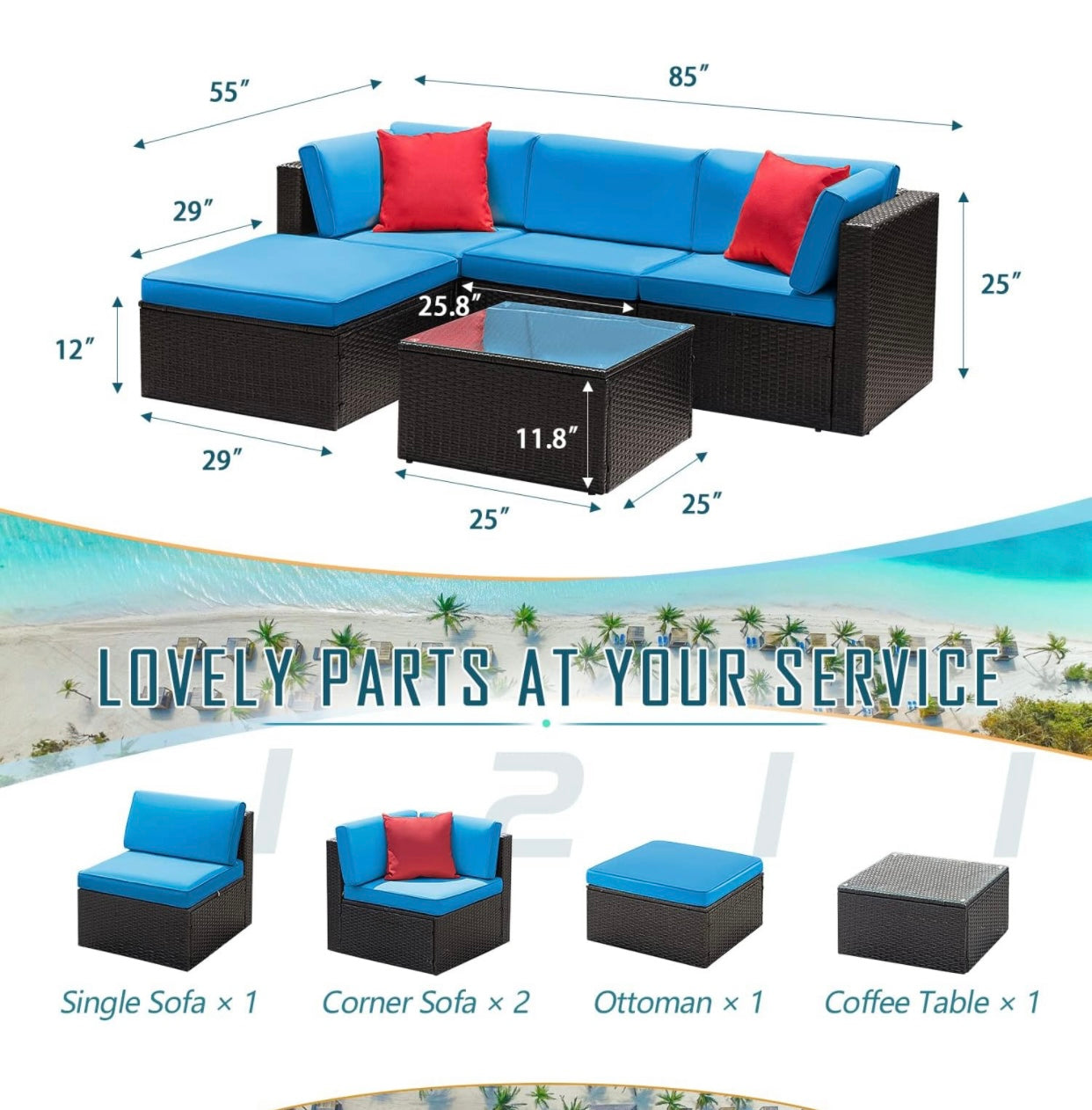 5 PCS Brown/Blue Patio Sectional Sofa With Coffee Table