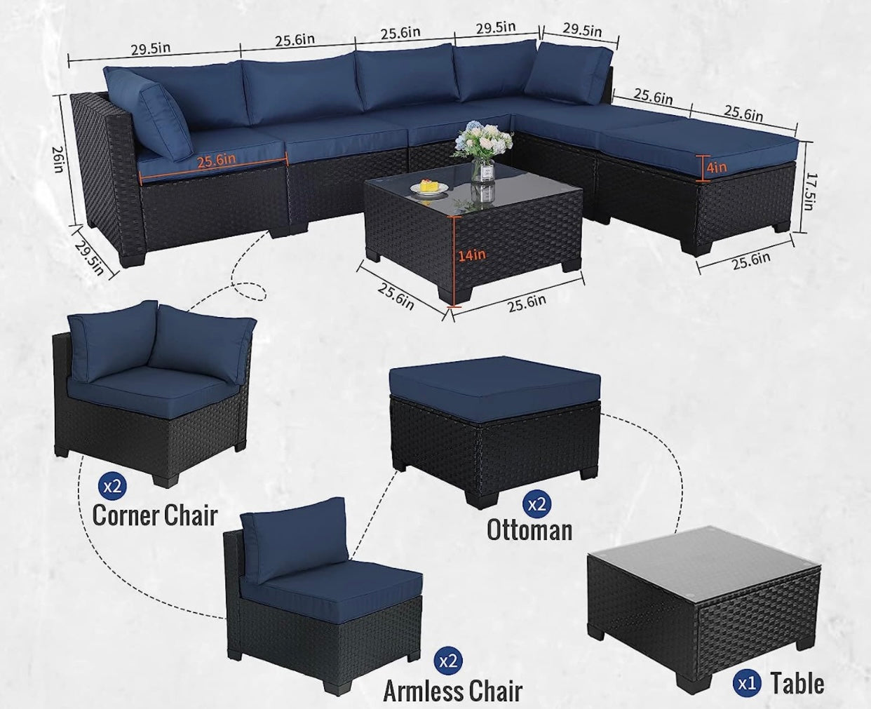 7 PCS Navy Blue Patio Sectional Sofa With Coffee Table