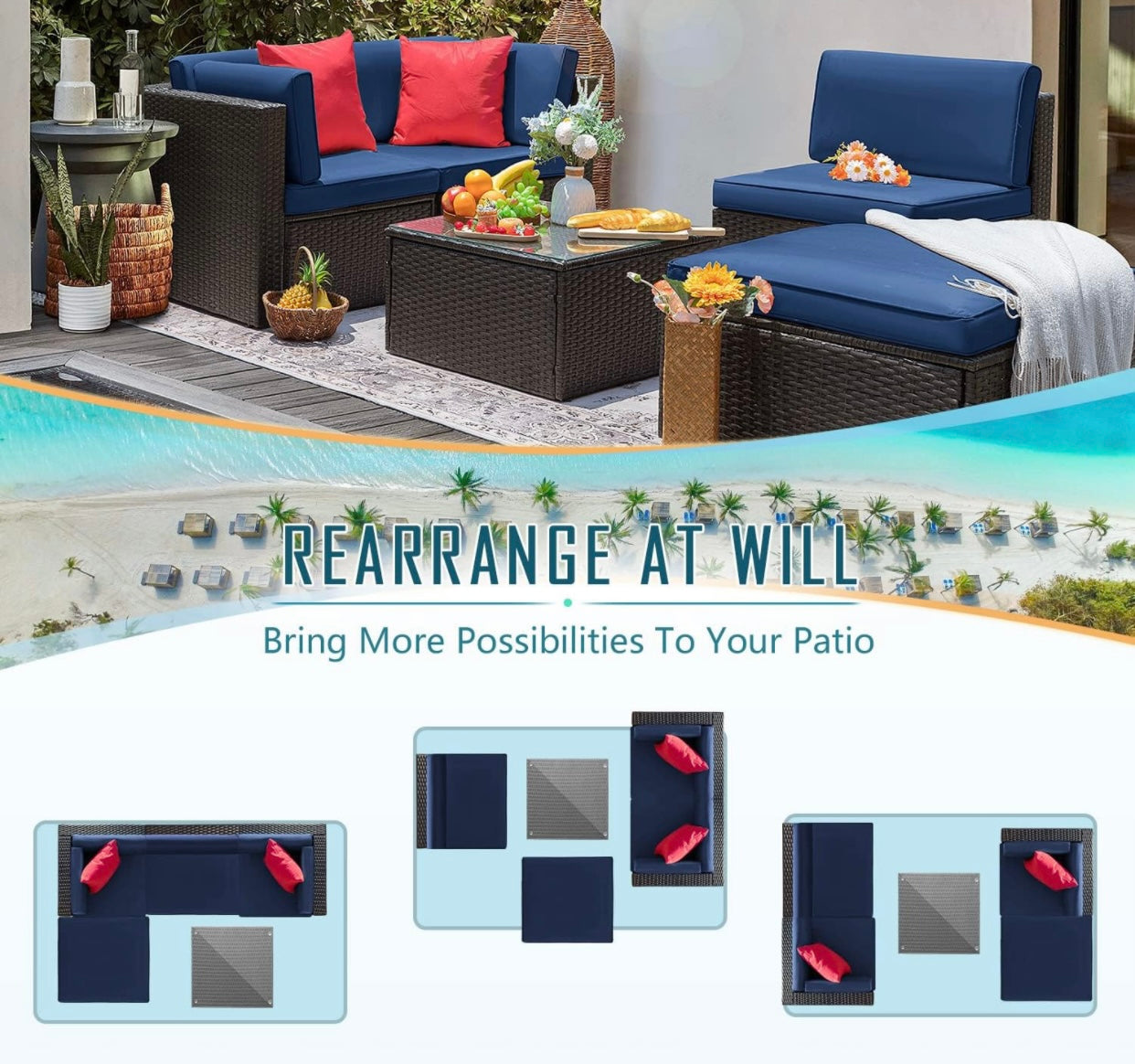 5 PCS Brown/Blue Patio Sectional Sofa With Coffee Table