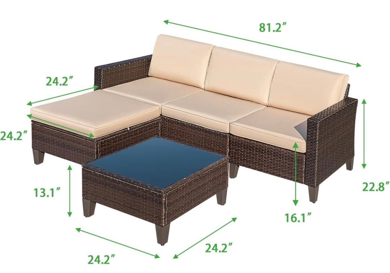 5 PCS Brown/Beige Patio Sectional Sofa With Coffee Table