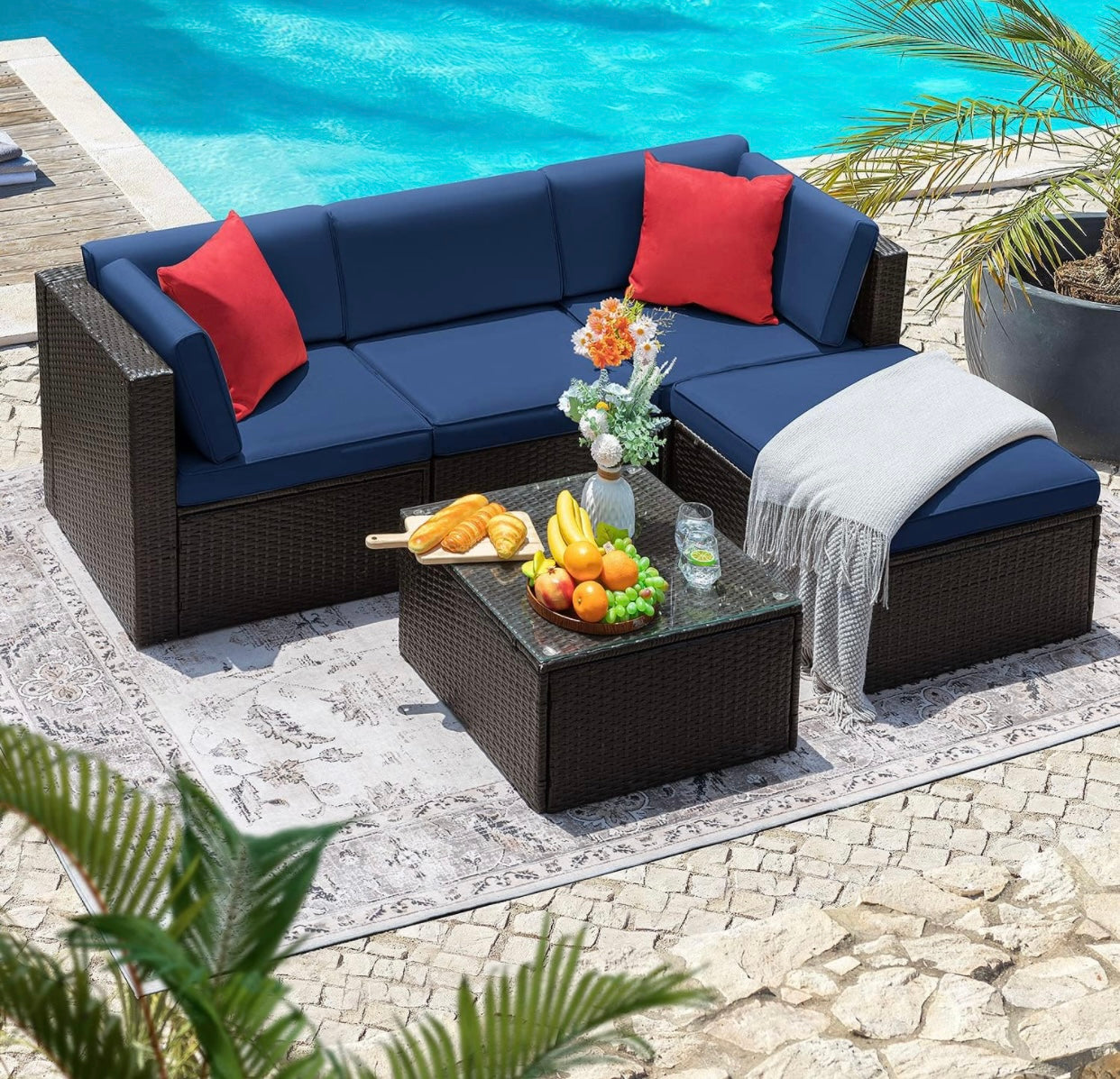 5 PCS Brown/Blue Patio Sectional Sofa With Coffee Table