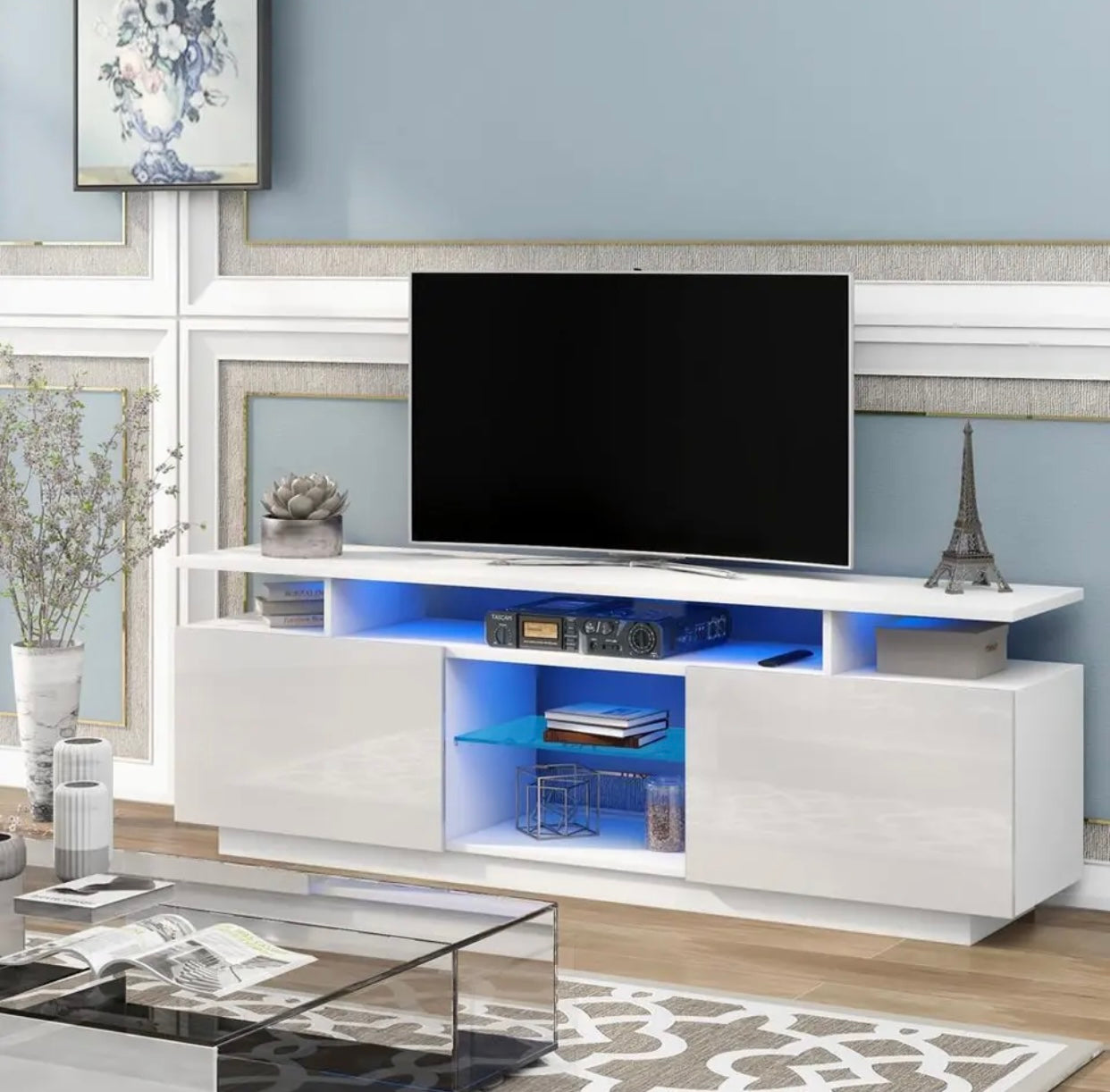White LED TV Stand 63” length