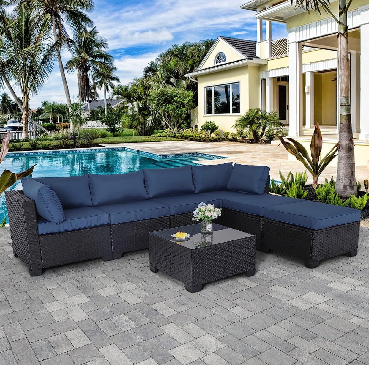 7 PCS Navy Blue Patio Sectional Sofa With Coffee Table