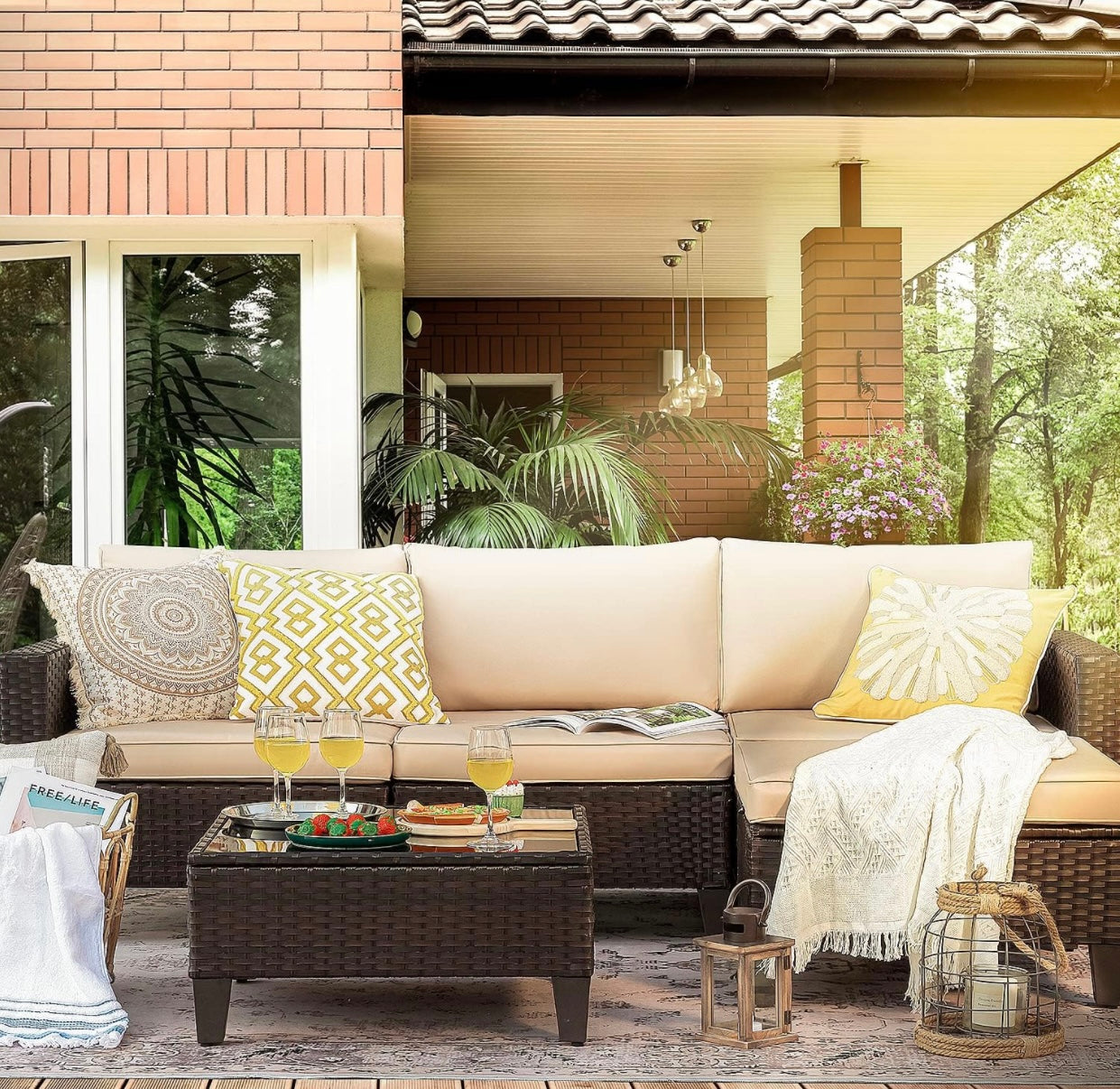 5 PCS Brown/Beige Patio Sectional Sofa With Coffee Table