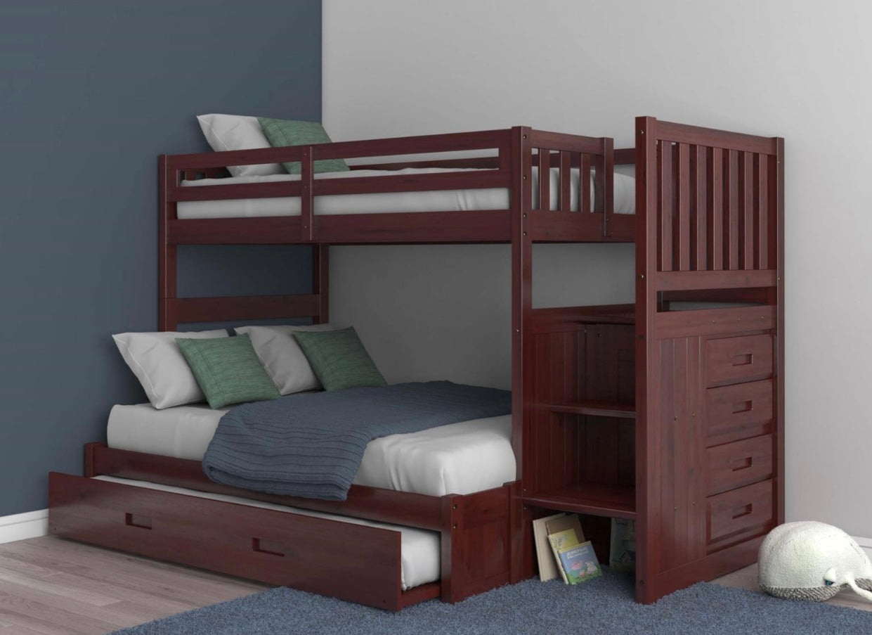 Twin/Full Staircase Bunk Bed with Trundle Merlot 2814-T/F-TRUND