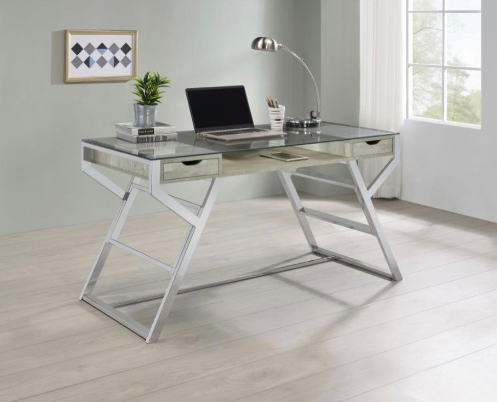 Emelle 2-drawer Glass Top Writing Desk Grey Driftwood and Chrome 882116