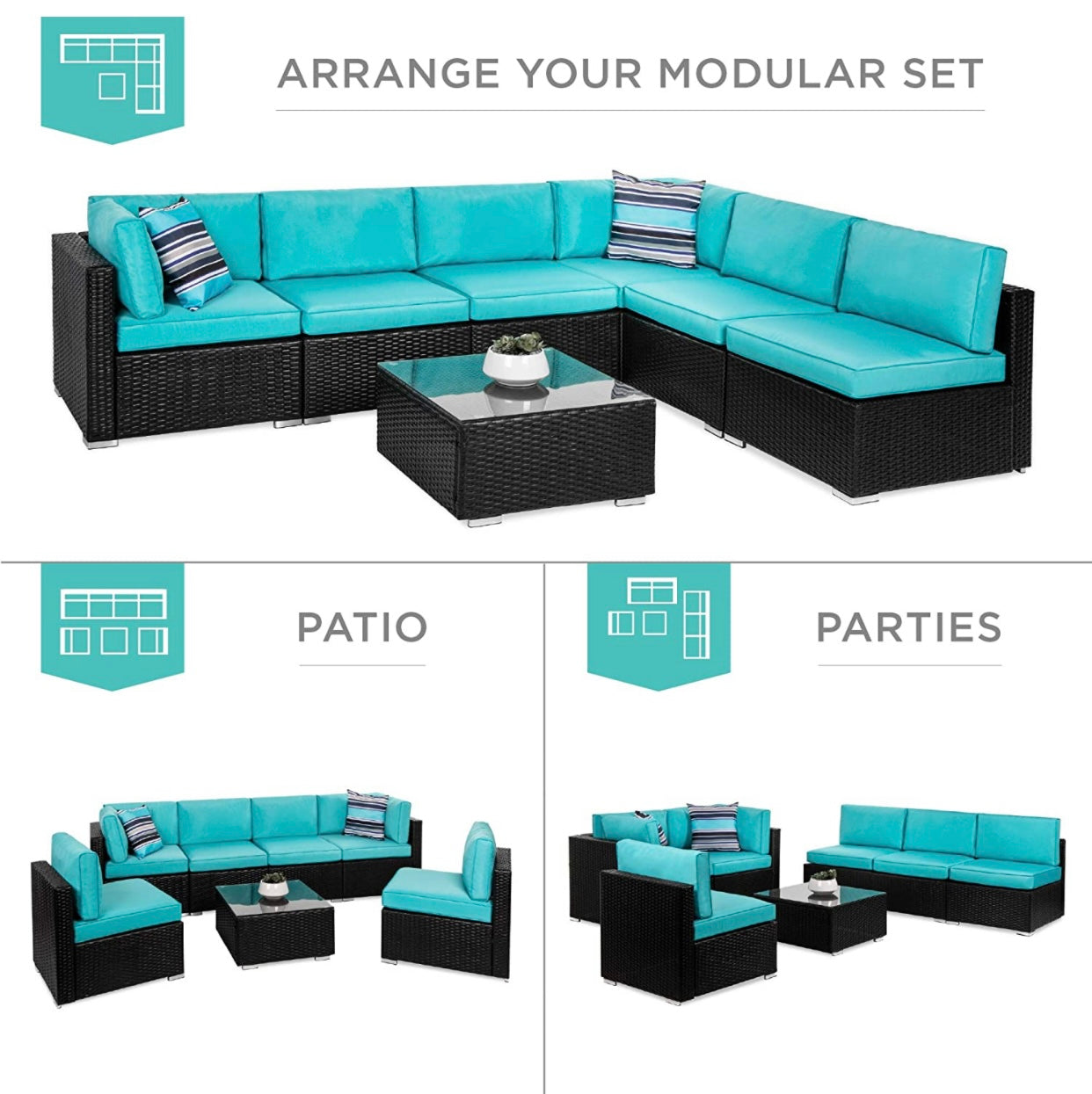 7 PCS Black/Teal Patio Sectional Sofa With Coffee Table
