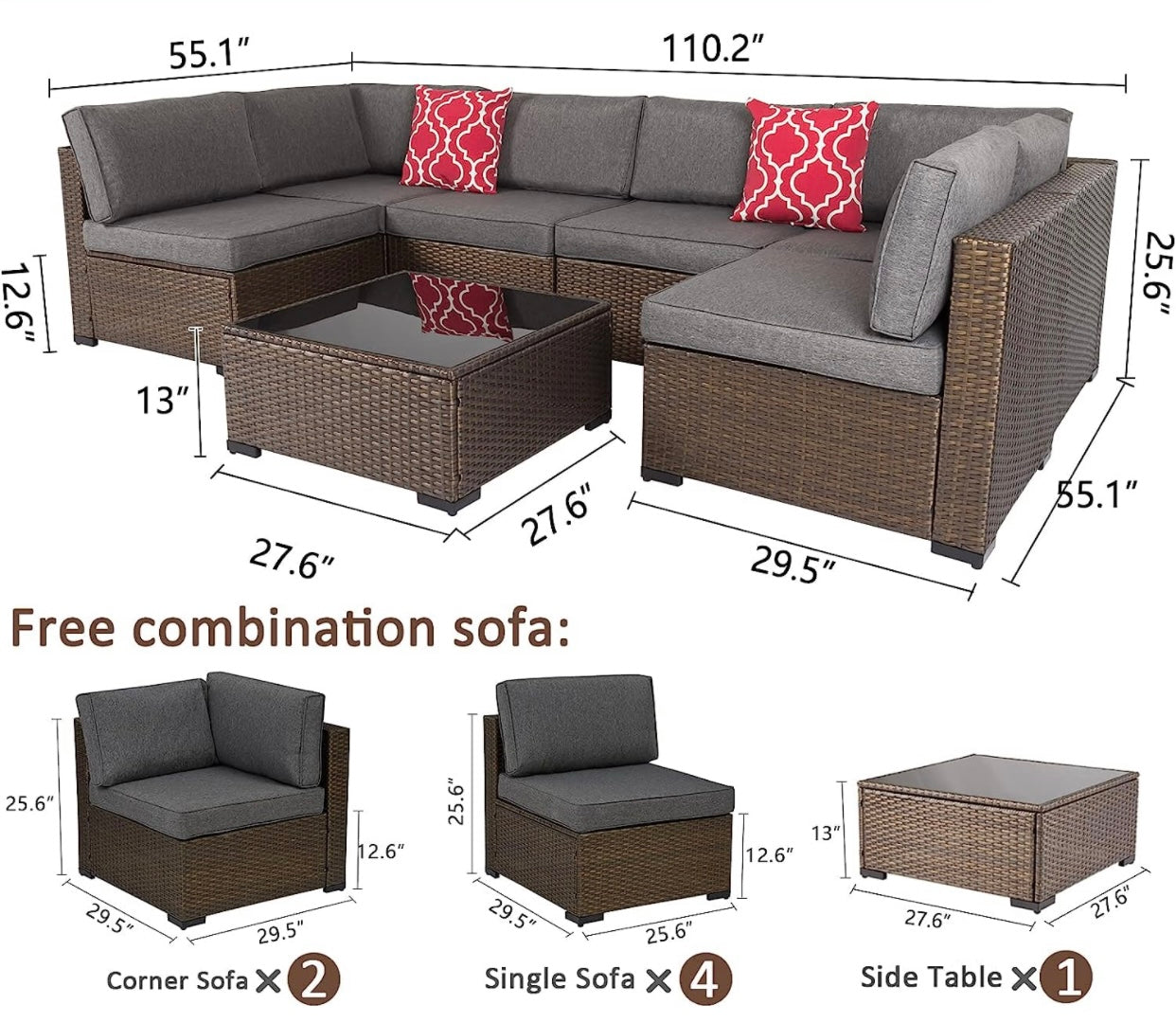 7 PCS Gray Patio Sectional Sofa With Coffee Table