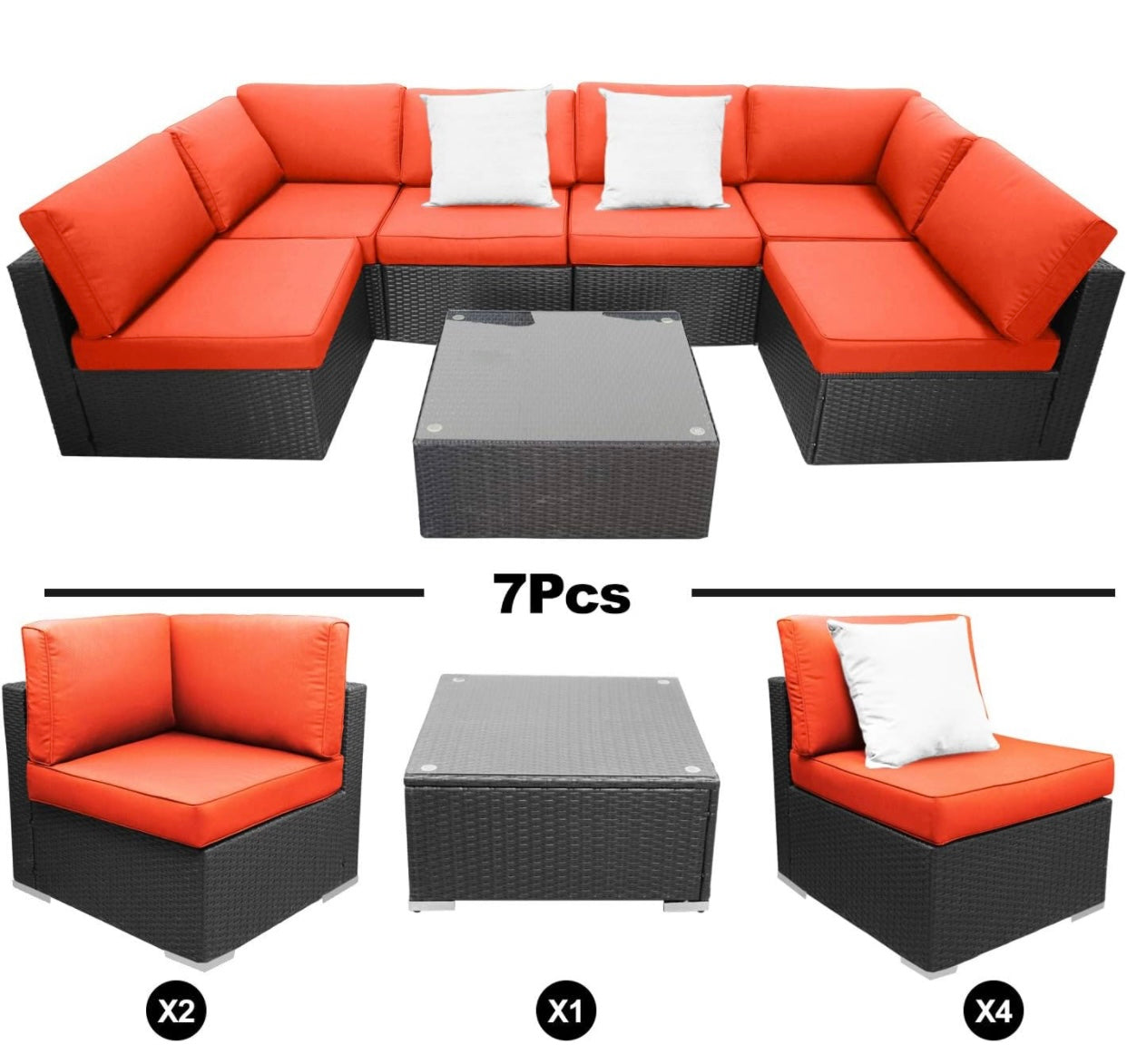 7 PCS Orange Patio Sectional Sofa With Coffee Table