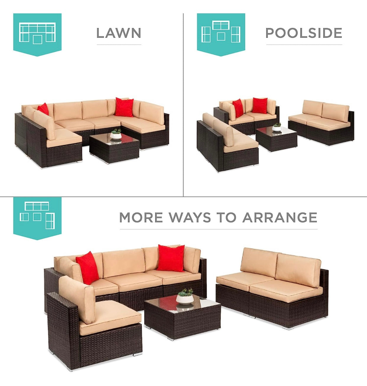 7 PCS Brown/Tan Patio Sectional Sofa With Coffee Table