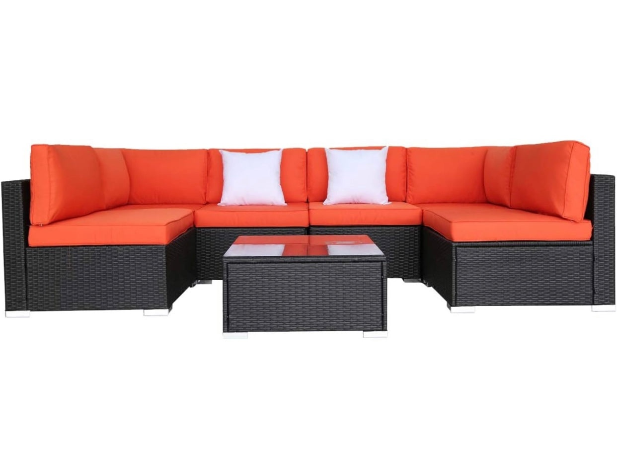 7 PCS Orange Patio Sectional Sofa With Coffee Table