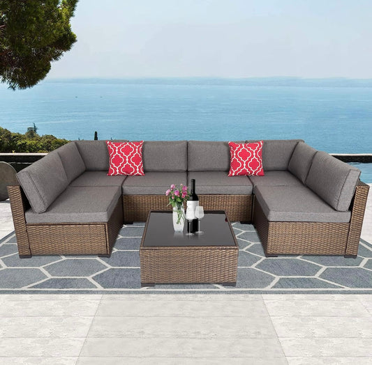 7 PCS Gray Patio Sectional Sofa With Coffee Table