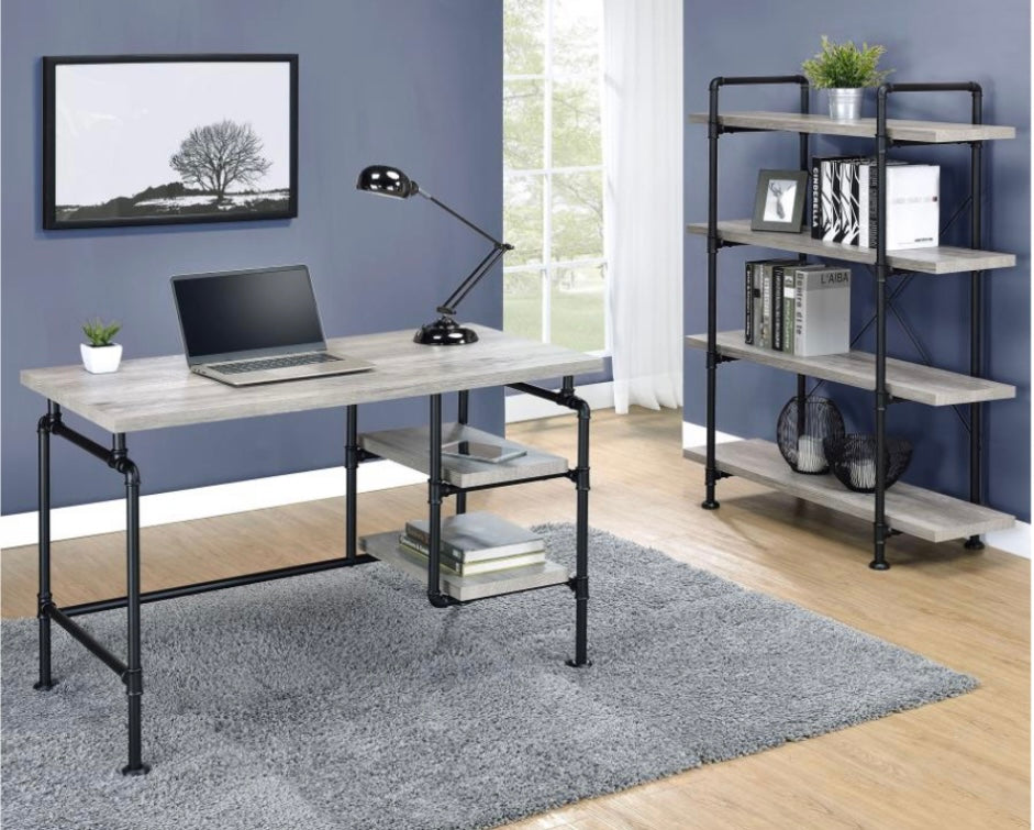 Delray 2-tier Open Shelving Writing Desk Grey Driftwood and Black 803701