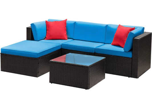 5 PCS Brown/Blue Patio Sectional Sofa With Coffee Table