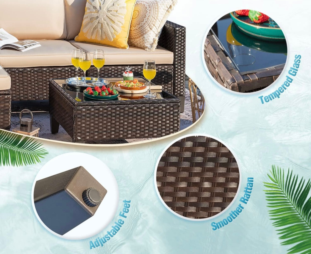 5 PCS Brown/Beige Patio Sectional Sofa With Coffee Table