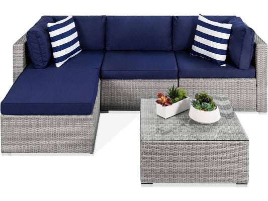 5 PCS Gray/Blue Patio Sectional Sofa With Coffee Table