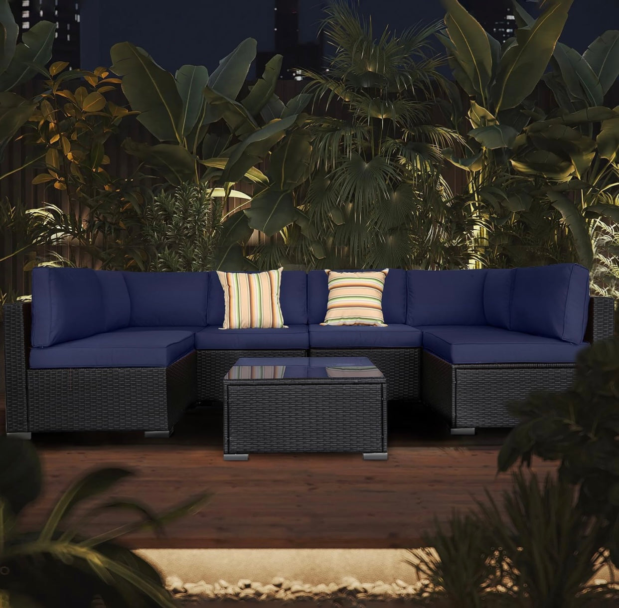 7 PCS Blue Patio Sectional Sofa With Coffee Table