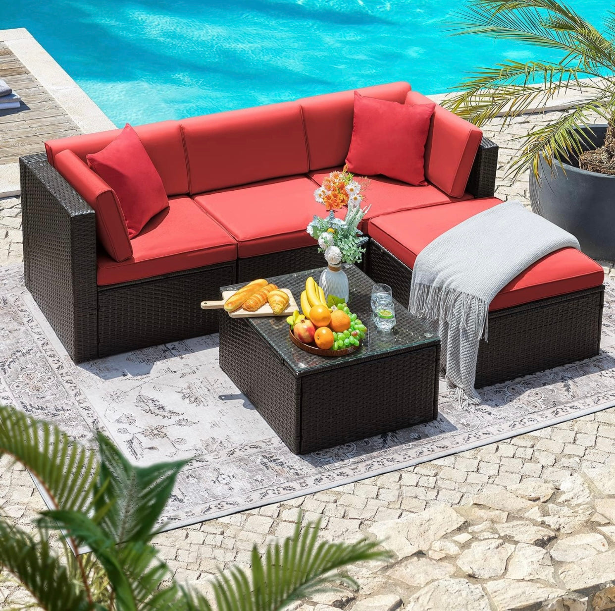 5 PCS Brown/Red Patio Sectional Sofa With Coffee Table