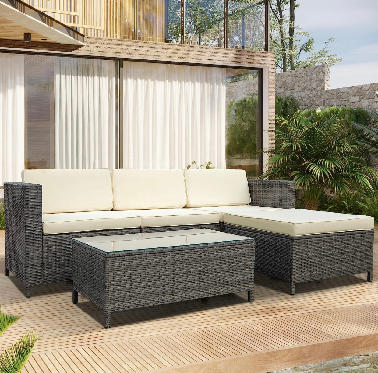 5 PCS Brown/Beige Patio Sectional Sofa With Coffee Table