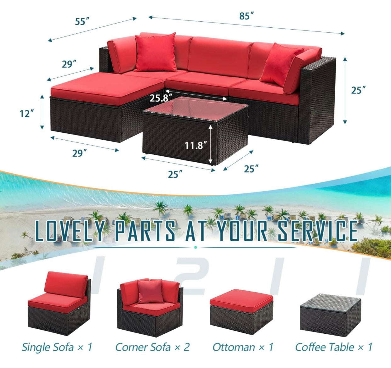 5 PCS Brown/Red Patio Sectional Sofa With Coffee Table