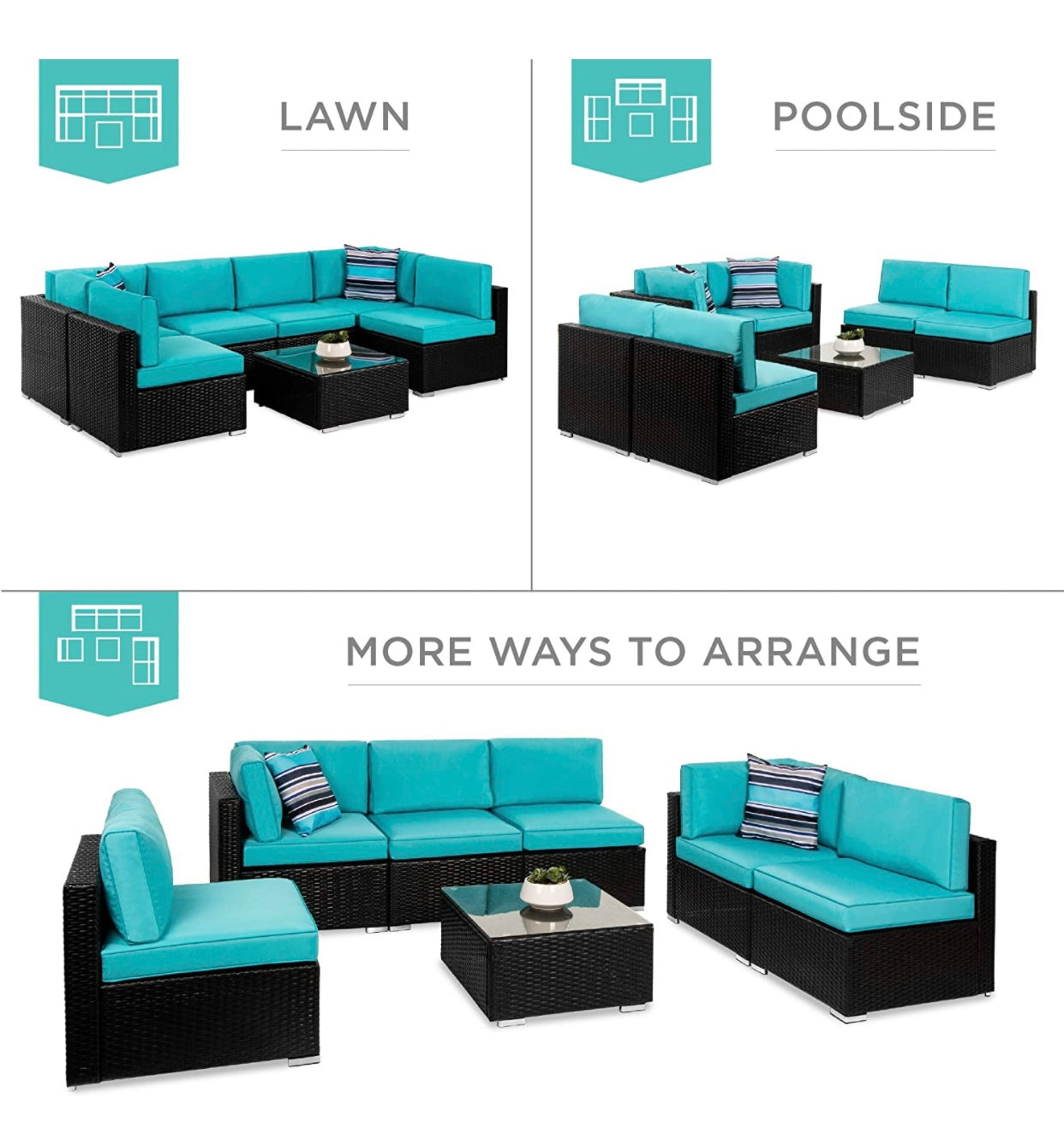 7 PCS Black/Teal Patio Sectional Sofa With Coffee Table