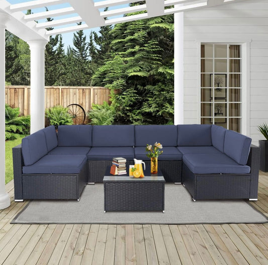 7 PCS Black/Dark Blue Patio Sectional Sofa With Coffee Table