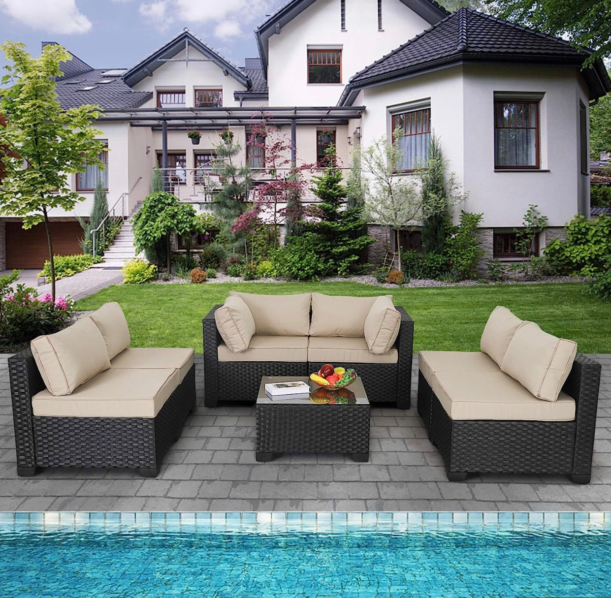 7 PCS Black/Khaki Patio Sectional Sofa With Coffee Table