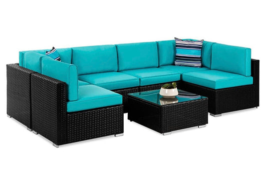 7 PCS Black/Teal Patio Sectional Sofa With Coffee Table
