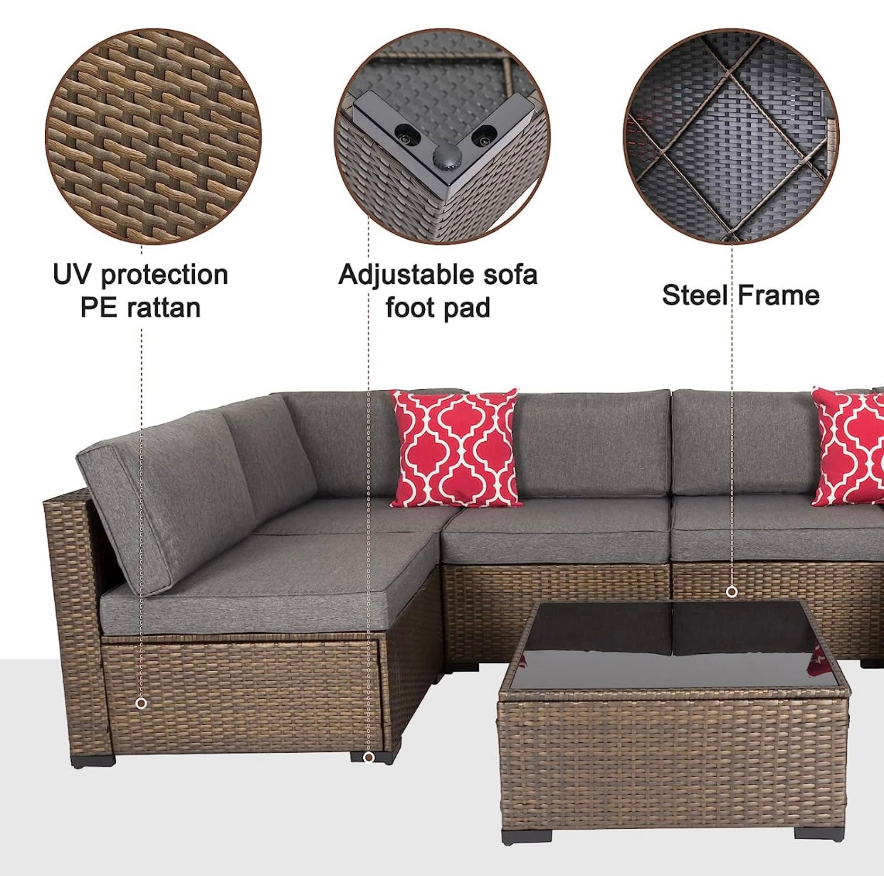 7 PCS Gray Patio Sectional Sofa With Coffee Table