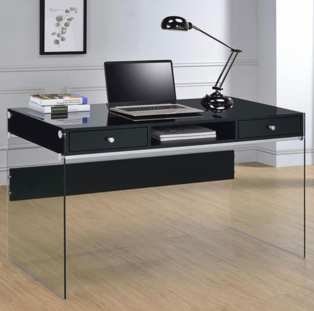 Dobrev 2-drawer Writing Desk Glossy Black and Clear 800830