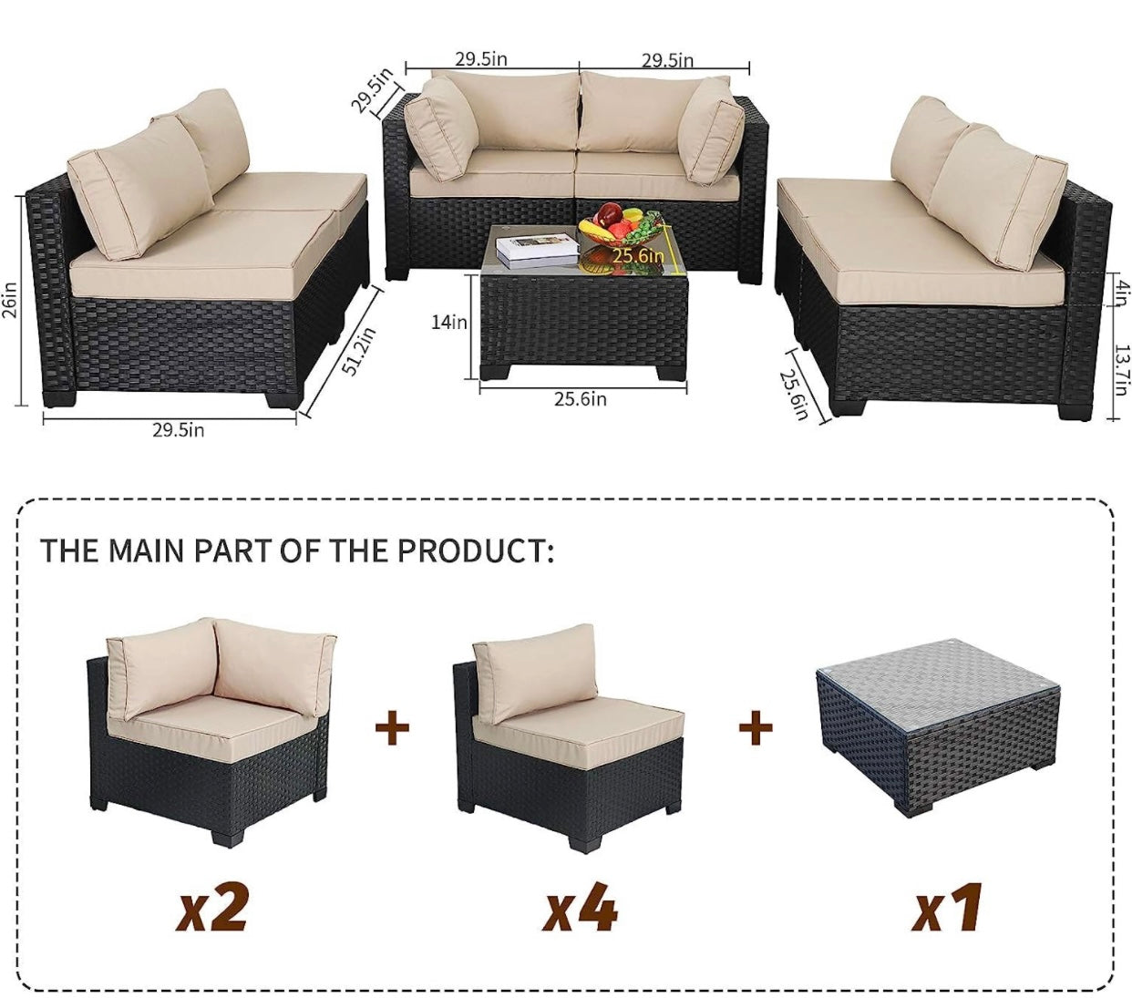 7 PCS Black/Khaki Patio Sectional Sofa With Coffee Table