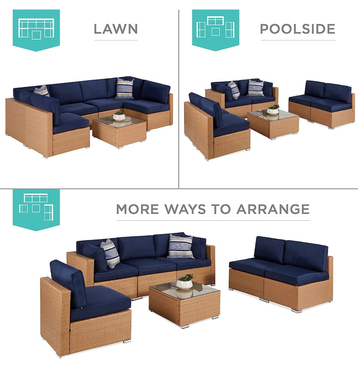 7 PCS Natural/Navy Patio Sectional Sofa With Coffee Table