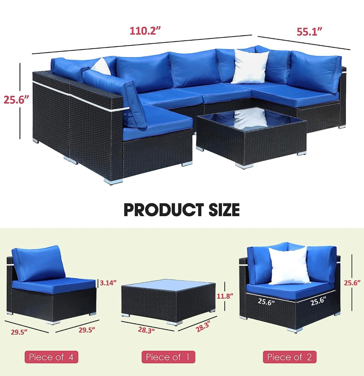 7 PCS Blue Patio Sectional Sofa With Coffee Table