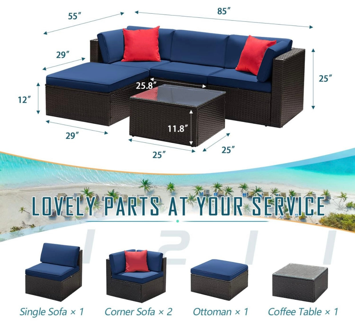 5 PCS Brown/Blue Patio Sectional Sofa With Coffee Table