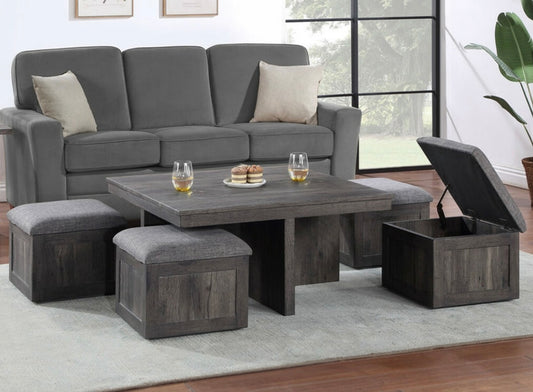 Rustic Wood Coffee Table with 4 Stools 98013