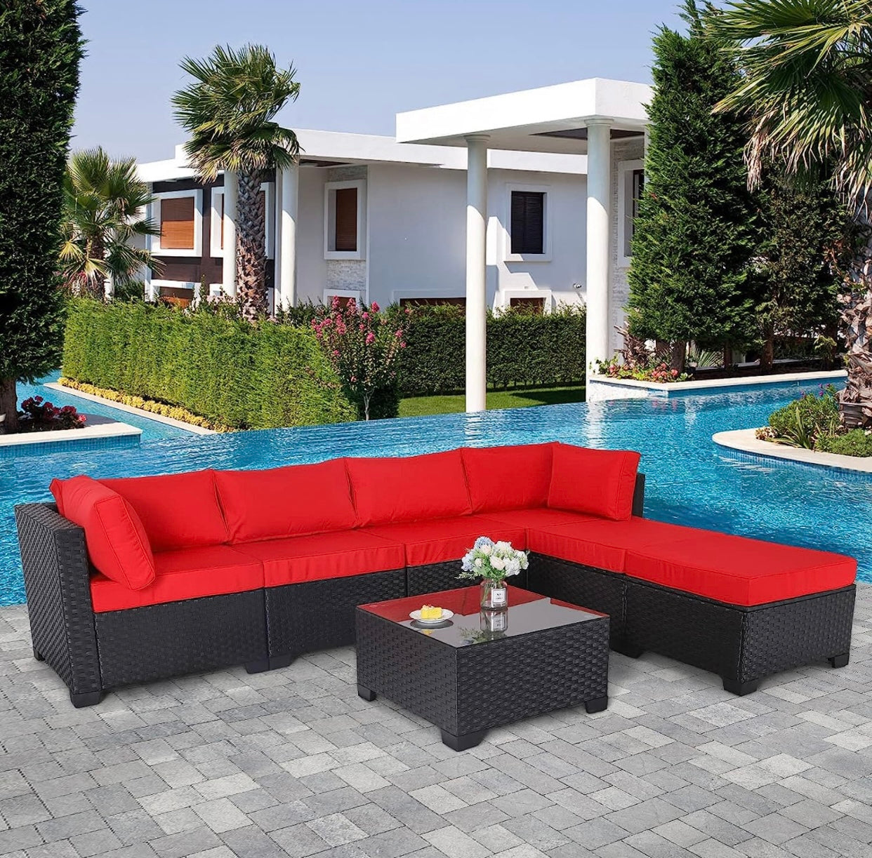 7 PCS Red Patio Sectional Sofa With Coffee Table