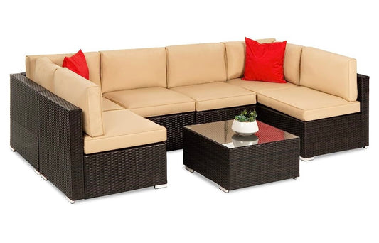 7 PCS Brown/Tan Patio Sectional Sofa With Coffee Table