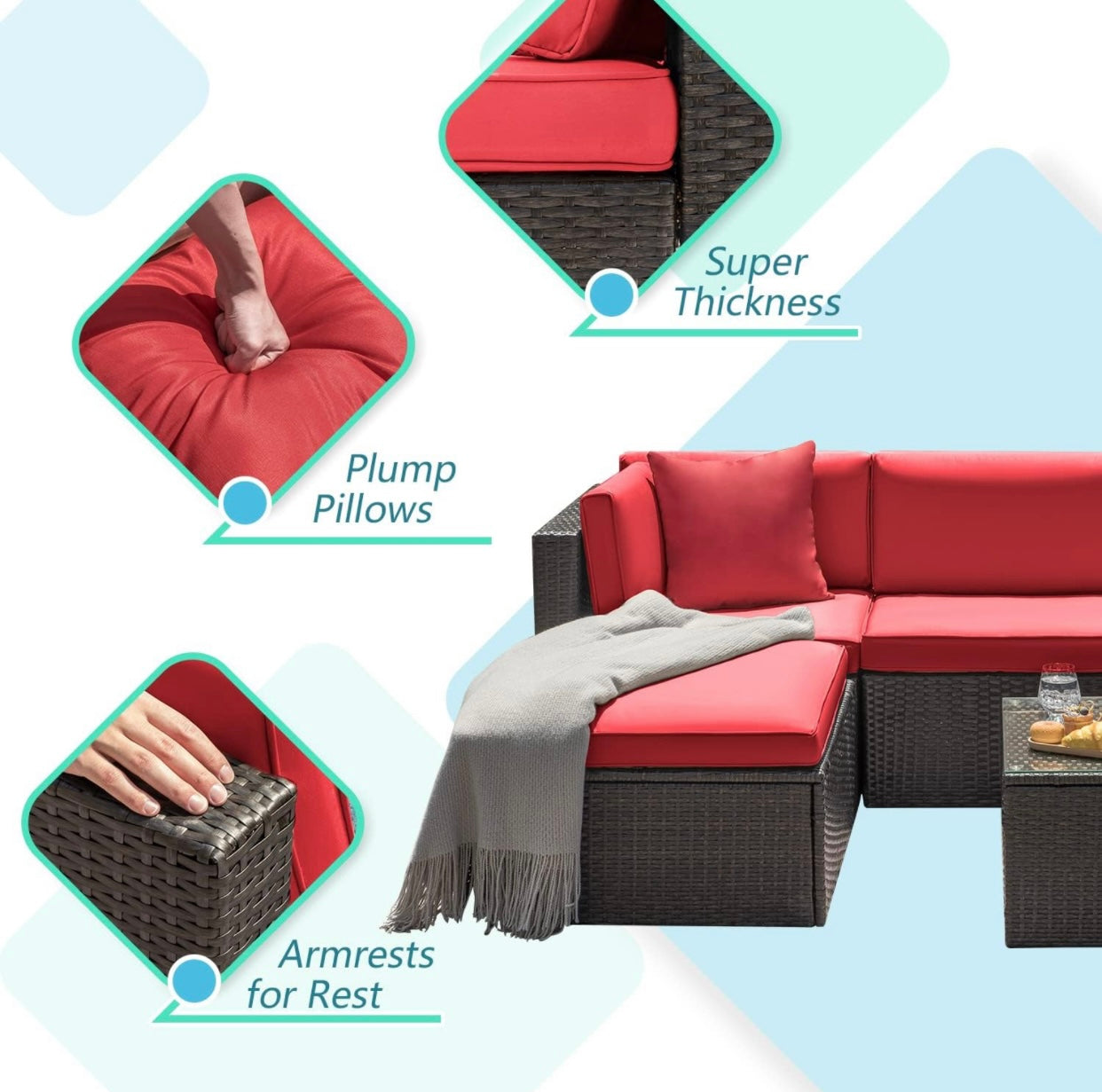 5 PCS Brown/Red Patio Sectional Sofa With Coffee Table