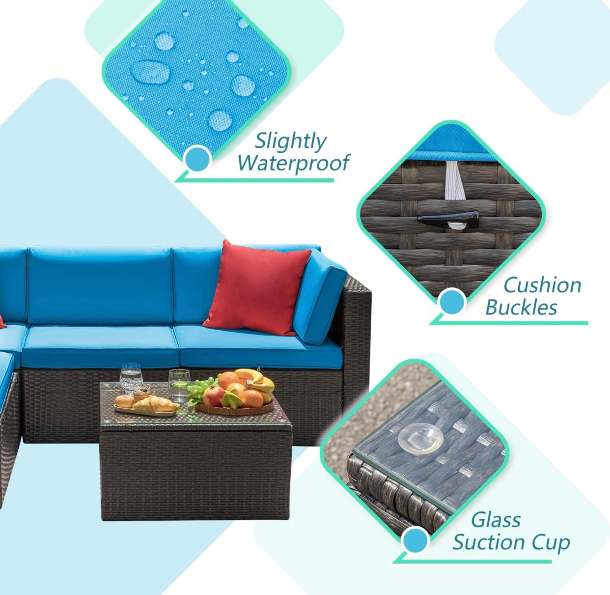 5 PCS Brown/Blue Patio Sectional Sofa With Coffee Table
