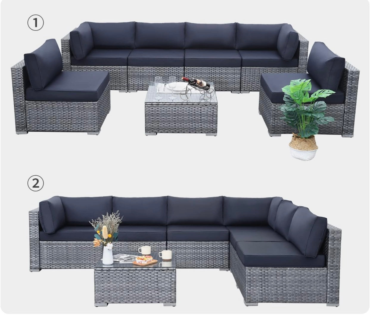 7 PCS Gray/Dark Blue Patio Sectional Sofa With Coffee Table