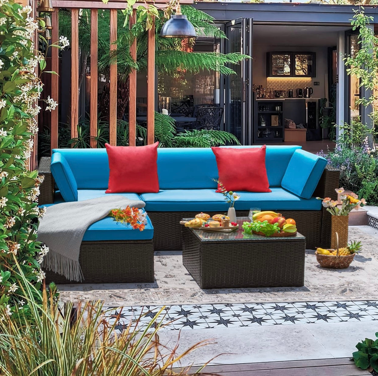 5 PCS Brown/Blue Patio Sectional Sofa With Coffee Table