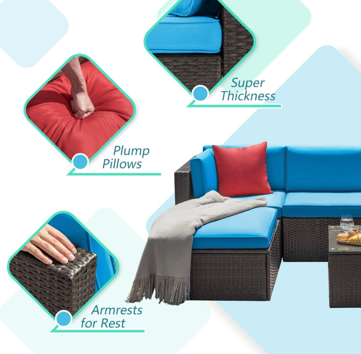 5 PCS Brown/Blue Patio Sectional Sofa With Coffee Table