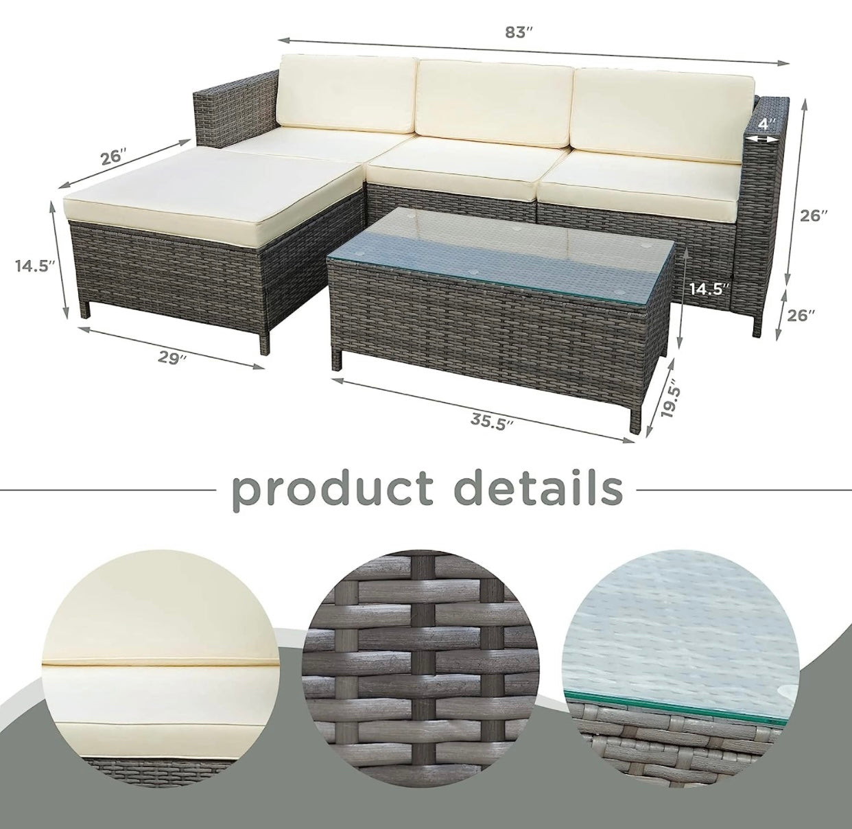 5 PCS Brown/Beige Patio Sectional Sofa With Coffee Table