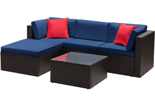 5 PCS Brown/Blue Patio Sectional Sofa With Coffee Table