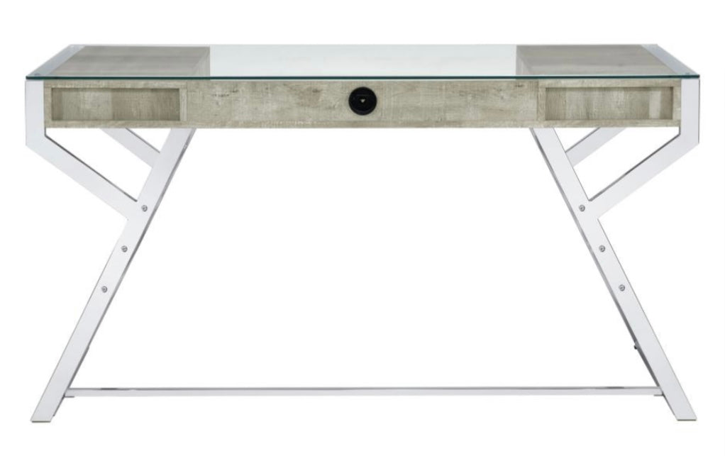 Emelle 2-drawer Glass Top Writing Desk Grey Driftwood and Chrome 882116